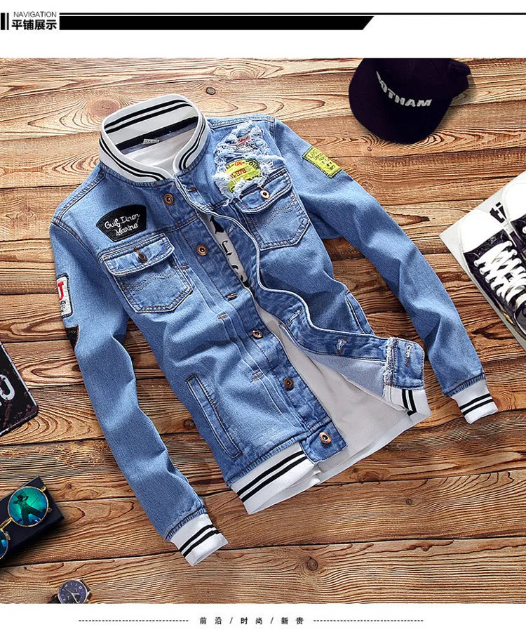 New 2024 Men's Denim Jackets Fashion Male Trendy Ripped Denim Bomber Coats Mens Casual Windbreaker Cowboy Jeans Jackets Clothing