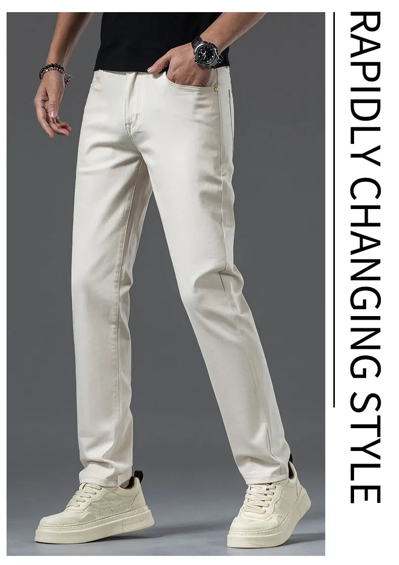 New Fashion Brand Jeans Men's Khaki White Straight Denim Medium Waist Fashion Stretch Casual Cotton Denim Pants