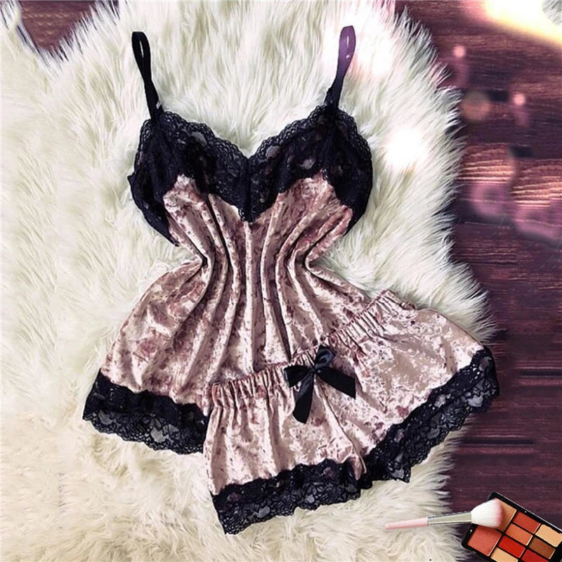 Sexy Lingerie Women Sleep Wear Camisole Bow Shorts V-Neck Tops Velvet Pajamas Sleepwear пижама женская Hot