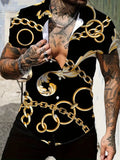 Retro men's short sleeved shirt with luxurious gold Baroque chain pattern suitable for summer banquet street wear