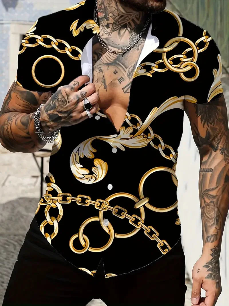 Retro men's short sleeved shirt with luxurious gold Baroque chain pattern suitable for summer banquet street wear