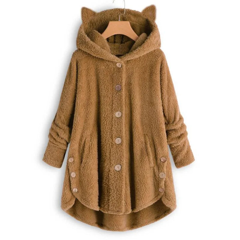 Casaco de penas monocromático feminino, botão Parkas com capuz, blusa de pelúcia de gato, jaqueta irregular, monocromática, pele, inverno