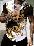 Retro men's short sleeved shirt with luxurious gold Baroque chain pattern suitable for summer banquet street wear