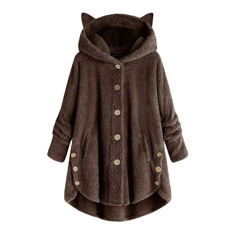 Casaco de penas monocromático feminino, botão Parkas com capuz, blusa de pelúcia de gato, jaqueta irregular, monocromática, pele, inverno