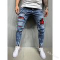 Men Jeans Knee Hole Ripped Stretch Skinny Denim Pants Solid Splice Color Blue Autumn Summer Hip-Hop Style Slim Fit Trousers 2023