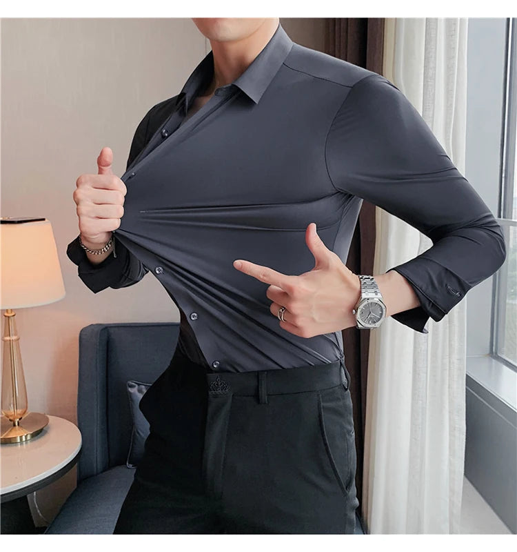 Plus Size 4XL-M High Elasticity Seamless Shirts Men Long Sleeve Top Quality Slim Casual Luxury Shirt Social Formal Dress Shirts