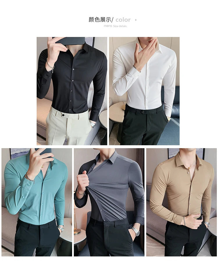 Plus Size 4XL-M High Elasticity Seamless Shirts Men Long Sleeve Top Quality Slim Casual Luxury Shirt Social Formal Dress Shirts