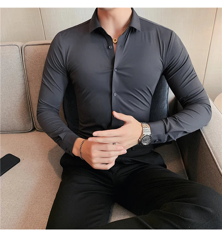 Plus Size 4XL-M High Elasticity Seamless Shirts Men Long Sleeve Top Quality Slim Casual Luxury Shirt Social Formal Dress Shirts