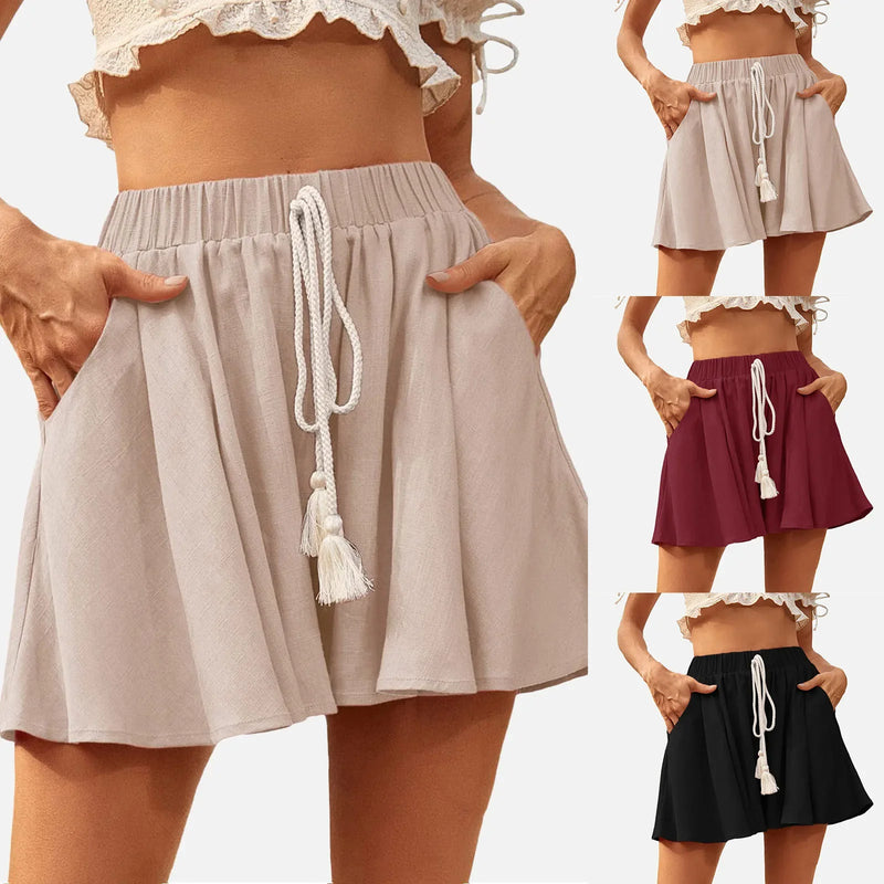 Summer Shorts Skirts Women Cotton Linen Solid High Waist Drawstring Shorts Summer Sport Athletic Ruffled Stretch Shorts Women