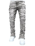 High Street White Men's Stacked Jeans Stretched Patchwork Tassel Damaged Denim Full Length Pants Hip-pop Trousers For Male