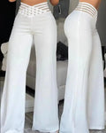 Calças femininas de cintura alta e pernas largas, decoração elegante com corrente, calças pretas, roupas casuais, branco, verão