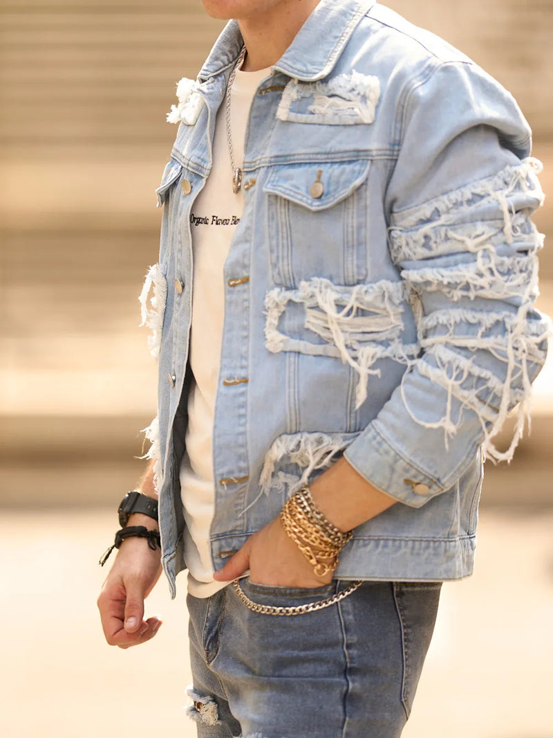 Stylish Street Style Men Distressed Splicing Slim Denim Jacket Ripped Patch Male Casual Jean Jacket Coat