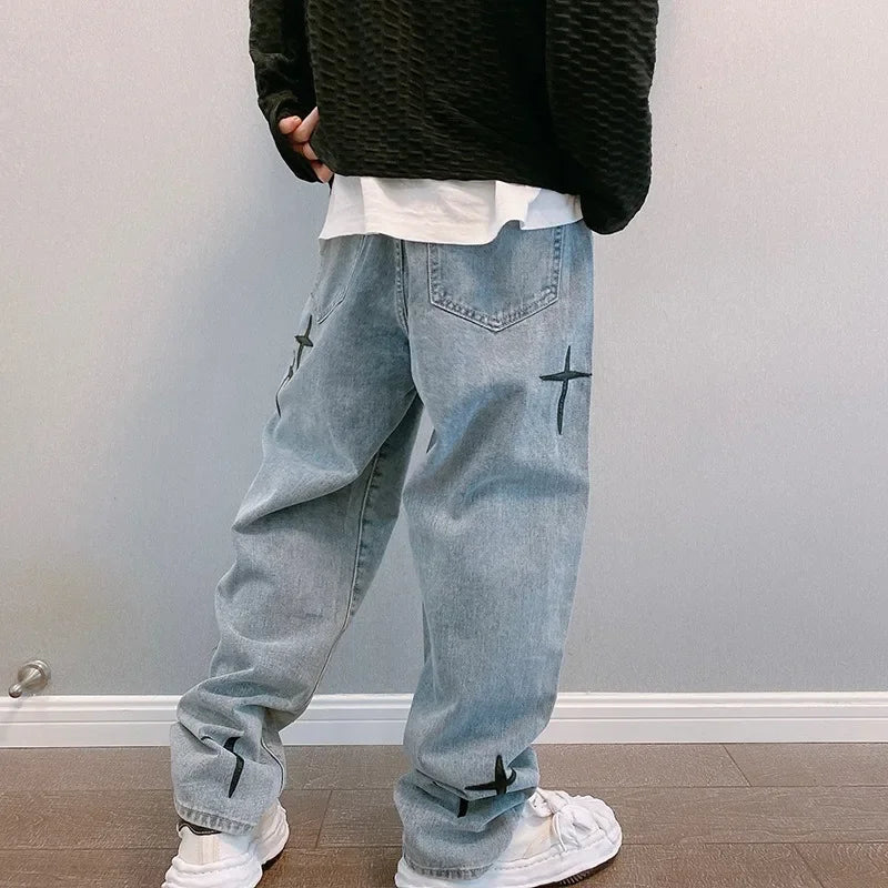 Men Designer Prints Star Jeans Streetwear Loose Wide Leg Jeans Boyfriend Vintage Fashion Straight Casual Loose Denim Cargo Pants