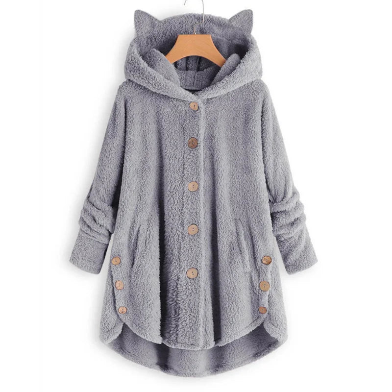 Casaco de penas monocromático feminino, botão Parkas com capuz, blusa de pelúcia de gato, jaqueta irregular, monocromática, pele, inverno