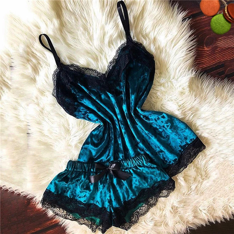 Sexy Lingerie Women Sleep Wear Camisole Bow Shorts V-Neck Tops Velvet Pajamas Sleepwear пижама женская Hot