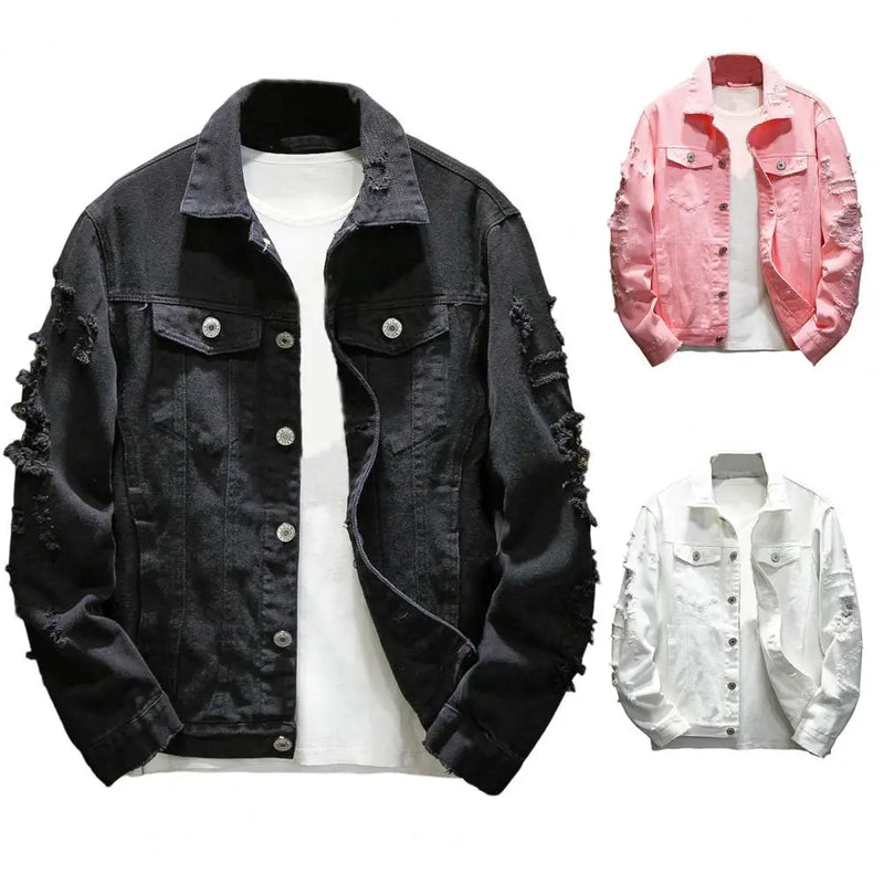 Ripped Hole Jean Men Jackets Outerwear Warm Denim Coats Turndown Collar Loose Buttons Men Denim Jackets Solid Color Denim Coat