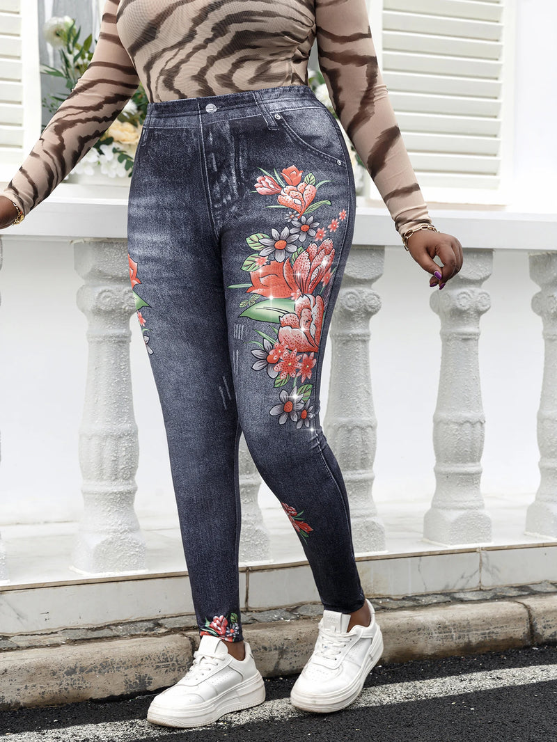 Plus Size Women Leggings Imitation Denim Floral Print Rhinestone Fashion Casual Sports Pants Female Skinny Pant Gym Clothing