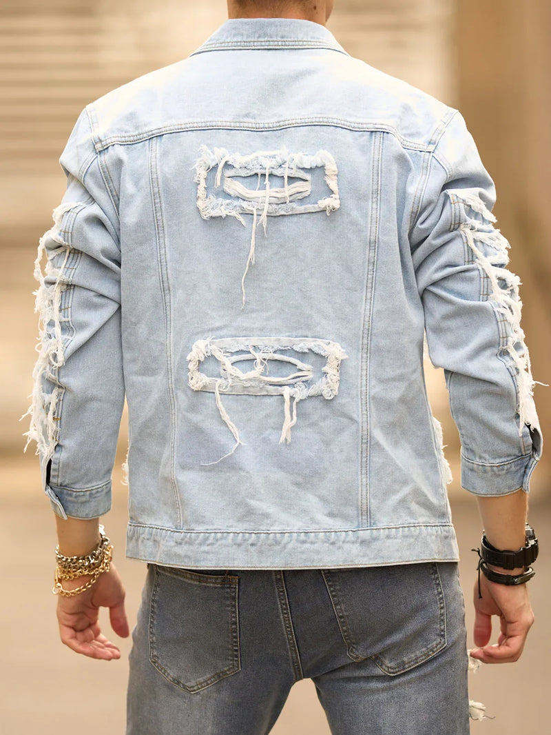 Stylish Street Style Men Distressed Splicing Slim Denim Jacket Ripped Patch Male Casual Jean Jacket Coat