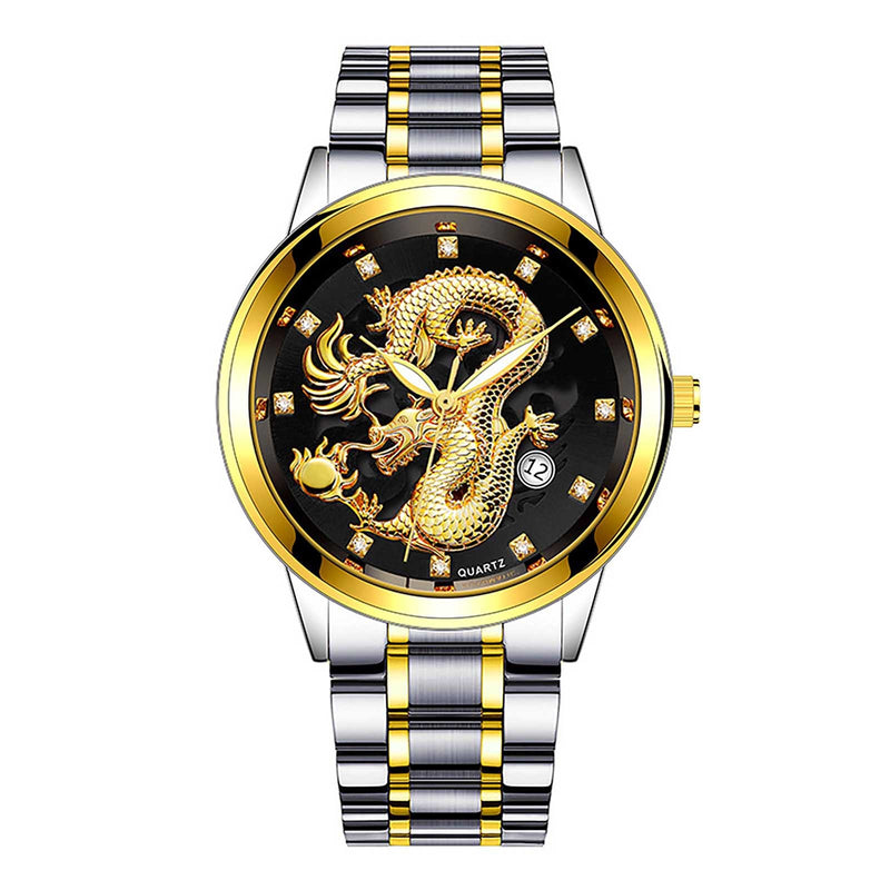 Men's Fashion Business Quartz Watch Fashion Men's Watch Stainless Steel Belt Men's Watches Golden Dragon  Часы Женские Наручные