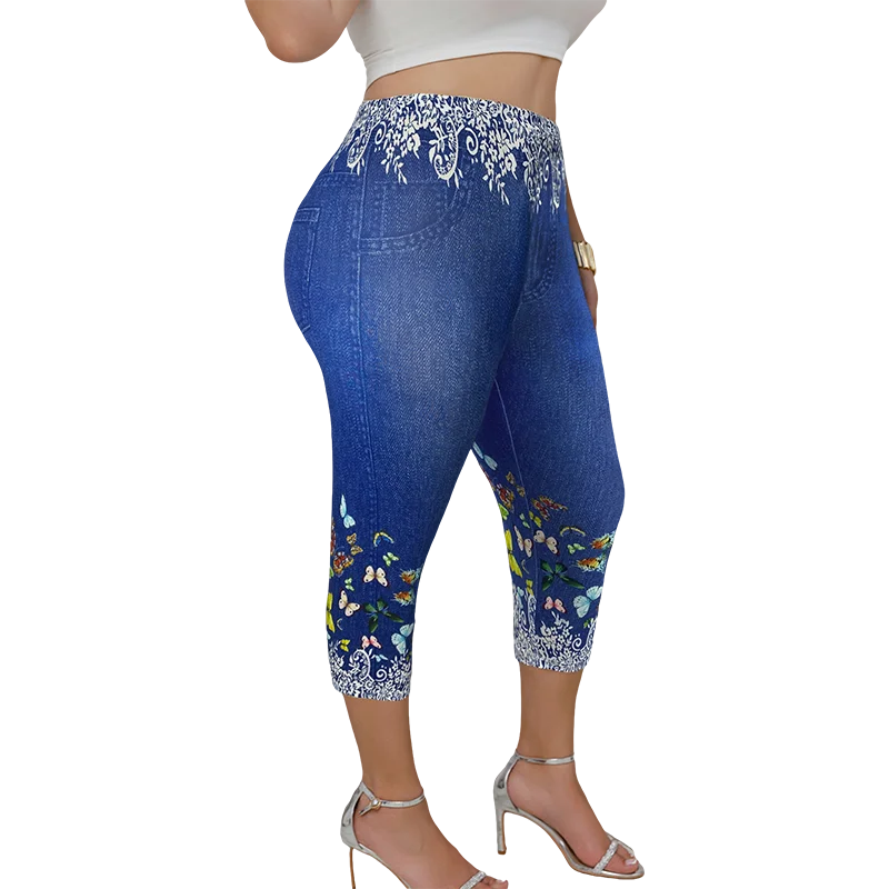 Plus Size Women's Capri Leggings with Butterfly Pattern Denim-Look Print Comfortable Stretch Fashion Casual Mid-Calf Knit Pants