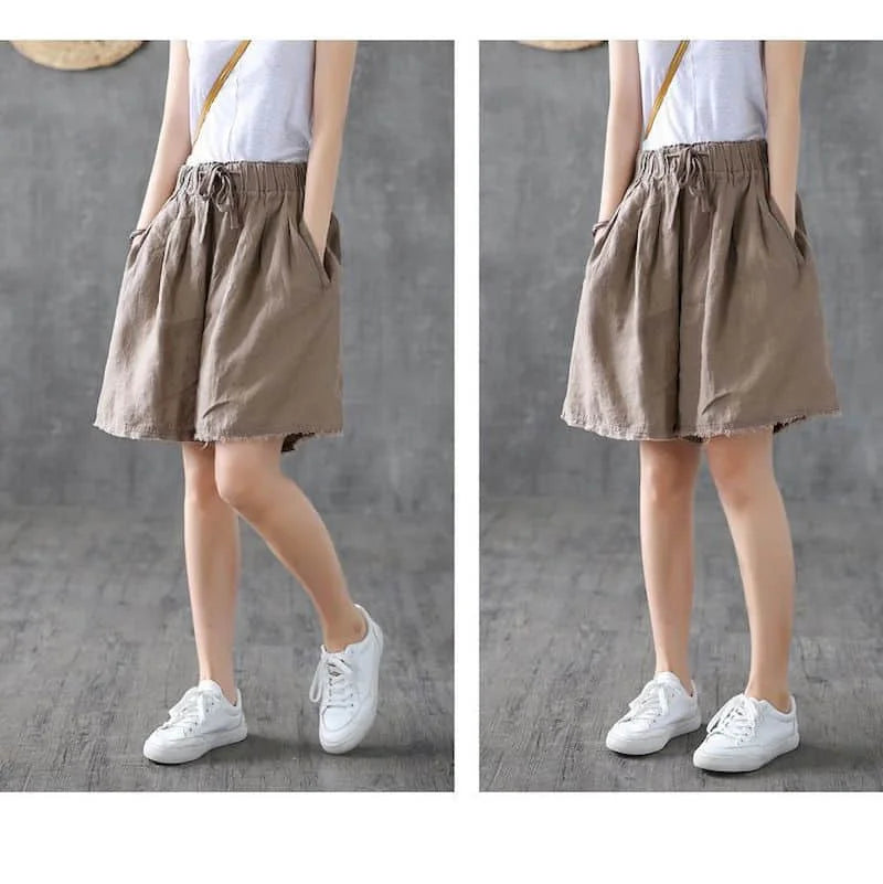 Solid Shorts for Women Summer Sale Linen Casual Straight Short Pants Korean Style Elastic Waist Wide Leg Trousers Women Clothing