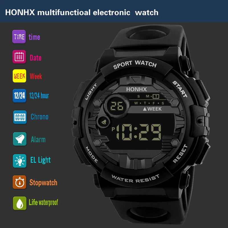 Mens Electronic Watch Classic All-Match Digital Watch Luminous Led Display Week Watch Causal Outdoor Sports Electronic Watch