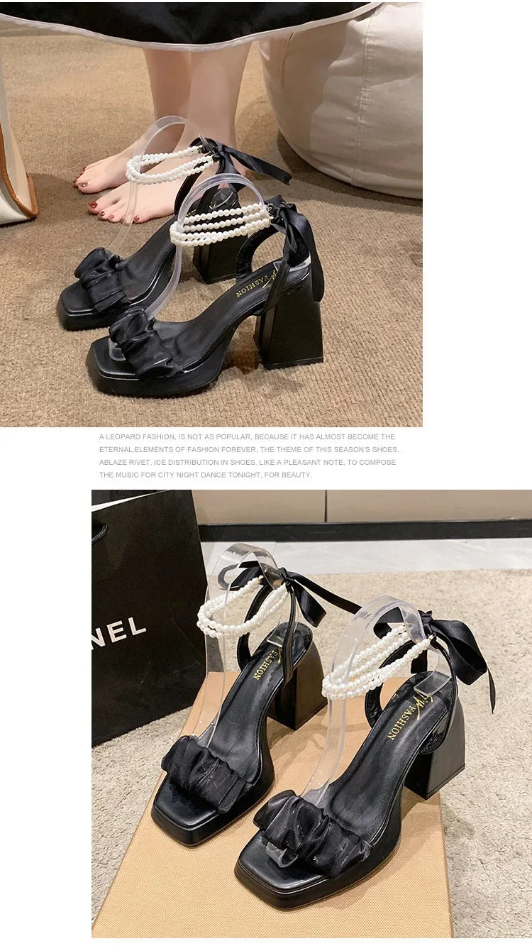 Shoes for Women Pearl Sandals Suit Female Beige Increasing Height Block Heels All-Match Black Bow 2024 Fashion Chunky Sandals