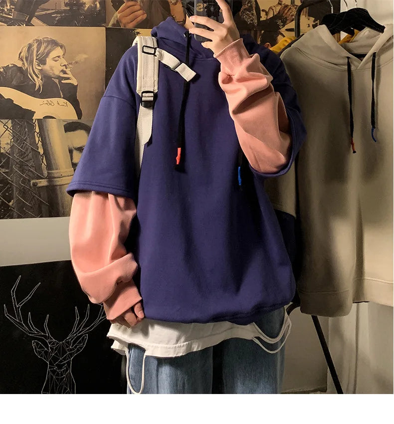 Hooded Sweatshirts Patchwork Fake Two Piece Pullover Top Student Oversized Hooded Korean Fashion High Street Hip Hop Men Clothes