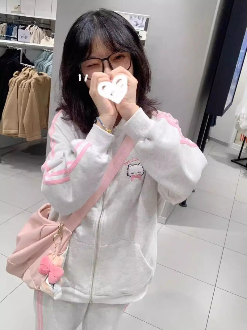 Hoodie com zíper Houzhou-Kawaii feminino, bordado gato rosa, moletom com capuz extragrande, moda japonesa, Harajuku fofo, inverno, 2023