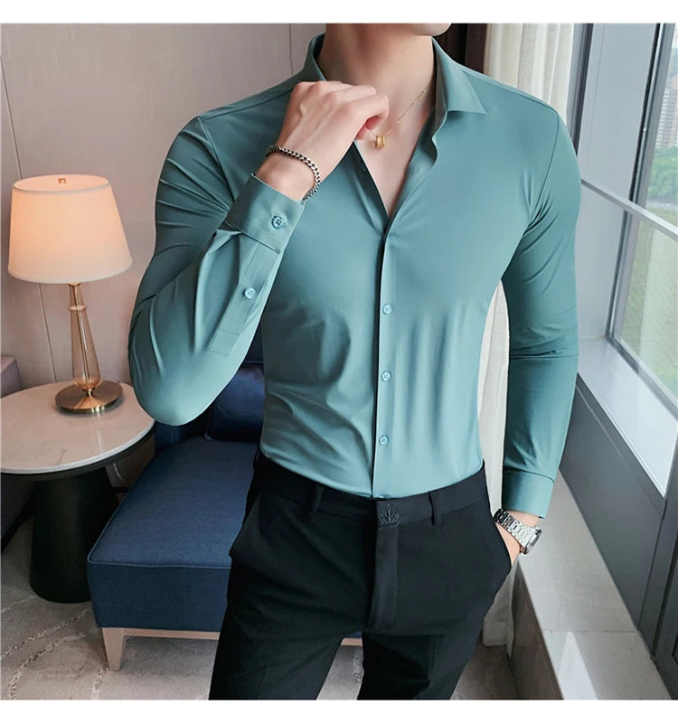 Plus Size 4XL-M High Elasticity Seamless Shirts Men Long Sleeve Top Quality Slim Casual Luxury Shirt Social Formal Dress Shirts