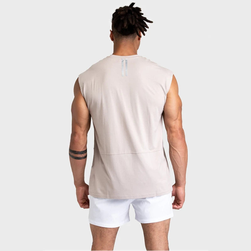 Camisas de algodão sem mangas soltas masculinas, camiseta esportiva respirável, regata masculina