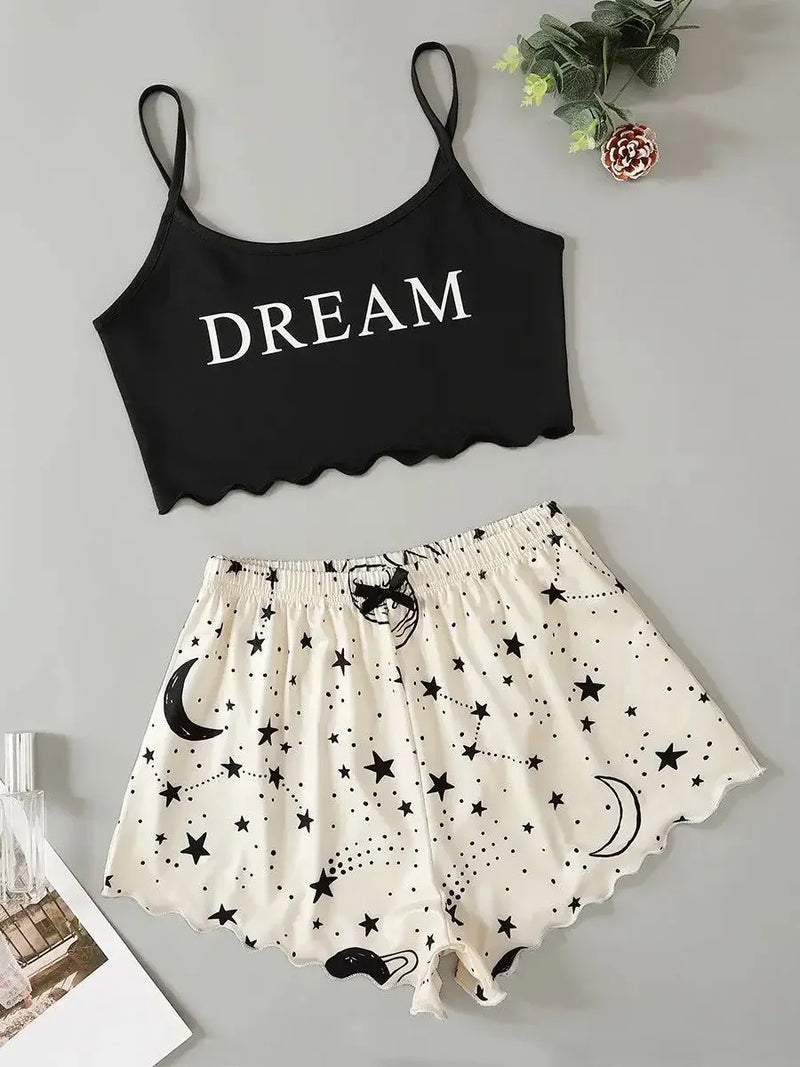 Summer Moon Stars Letter Printed Pajama Set Women Sexy Lingerie Sleeveless Crop Tops with Shorts Pyjamas Sets Suit Sleepwear