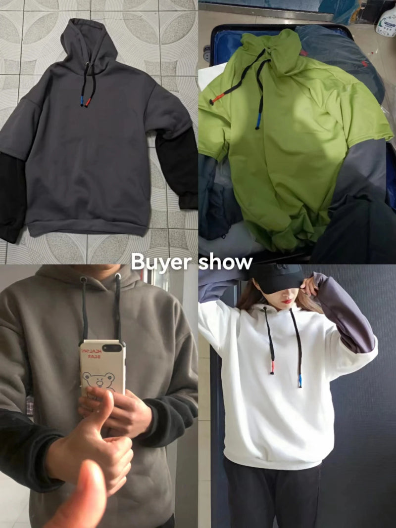 Hooded Sweatshirts Patchwork Fake Two Piece Pullover Top Student Oversized Hooded Korean Fashion High Street Hip Hop Men Clothes