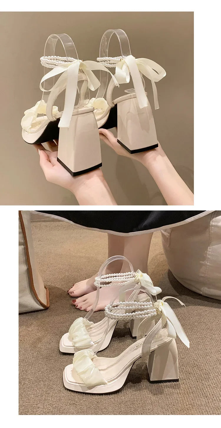 Shoes for Women Pearl Sandals Suit Female Beige Increasing Height Block Heels All-Match Black Bow 2024 Fashion Chunky Sandals