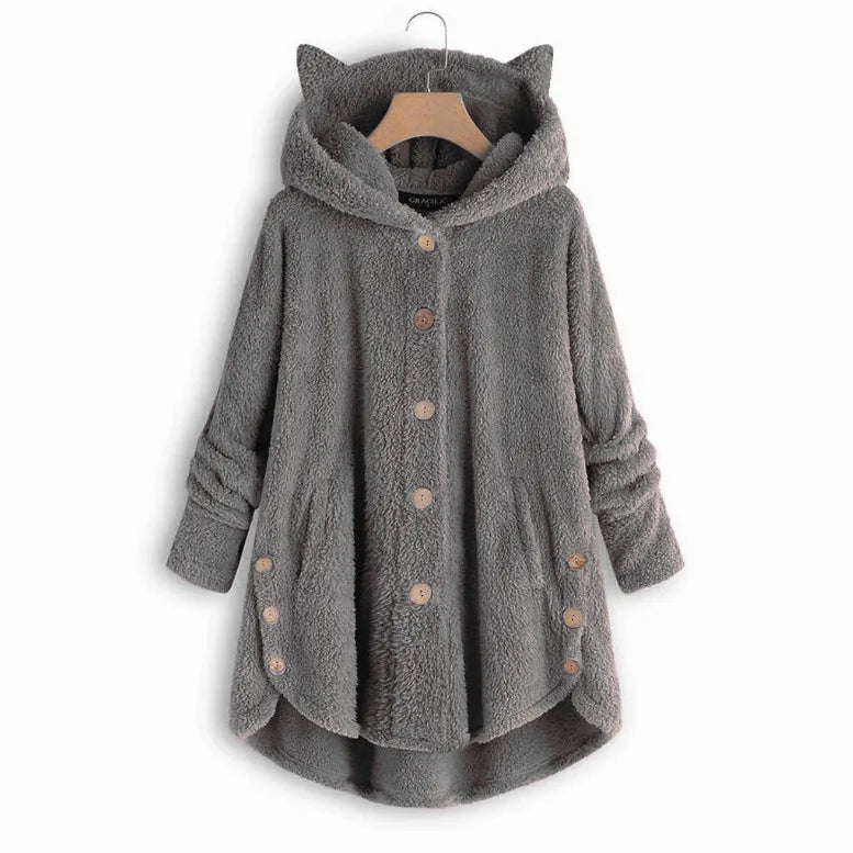 Casaco de penas monocromático feminino, botão Parkas com capuz, blusa de pelúcia de gato, jaqueta irregular, monocromática, pele, inverno