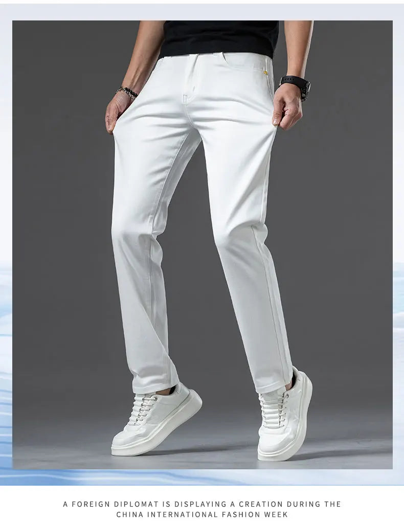 New Fashion Brand Jeans Men's Khaki White Straight Denim Medium Waist Fashion Stretch Casual Cotton Denim Pants