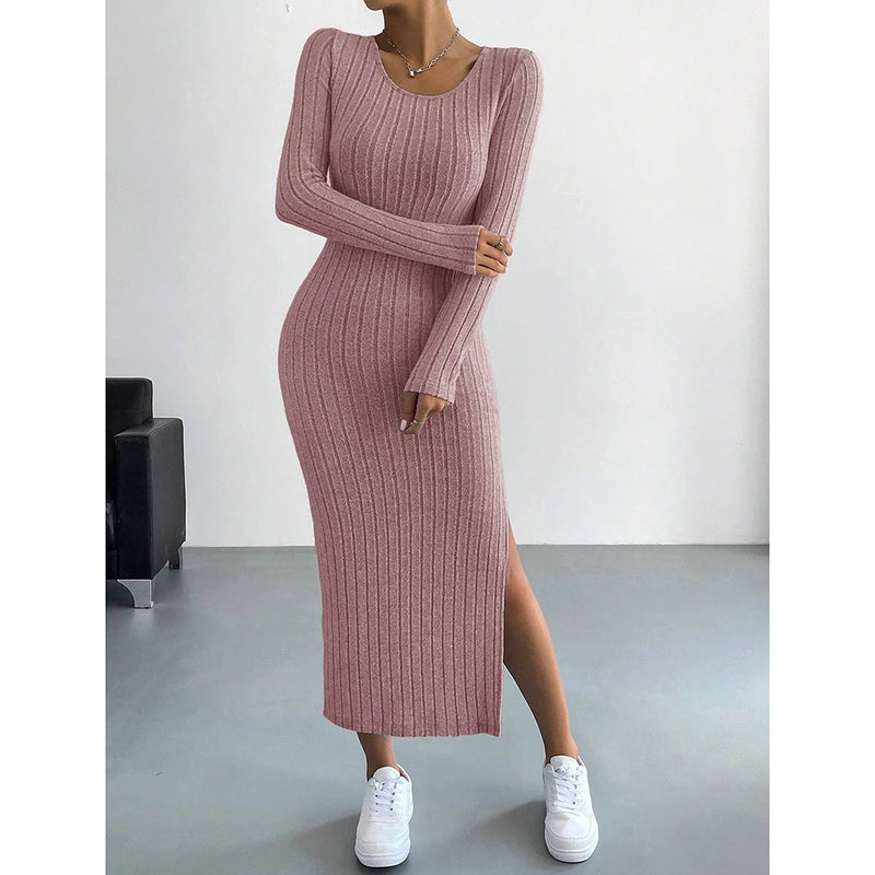 Mia Muse Women's Dresses Autumn French Plain Stripe Split Long Sleeve Scoop Neck Bodycon Full Length Maxi Casual Dresses