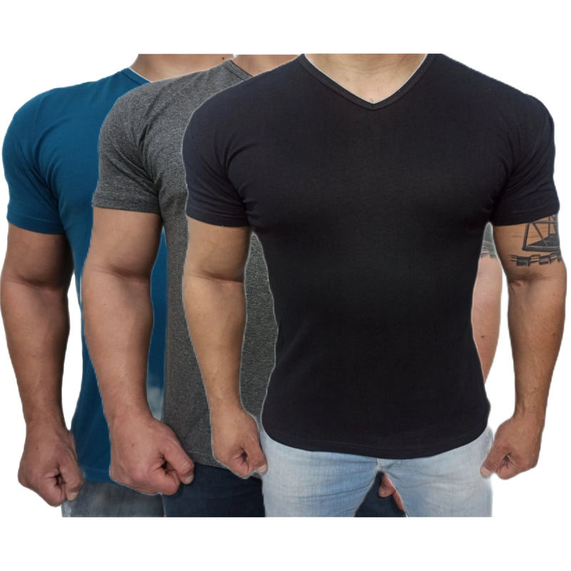 Kit 3 Men's T-Shirts V-collar Lisa Shirt Slim Cotton Premium